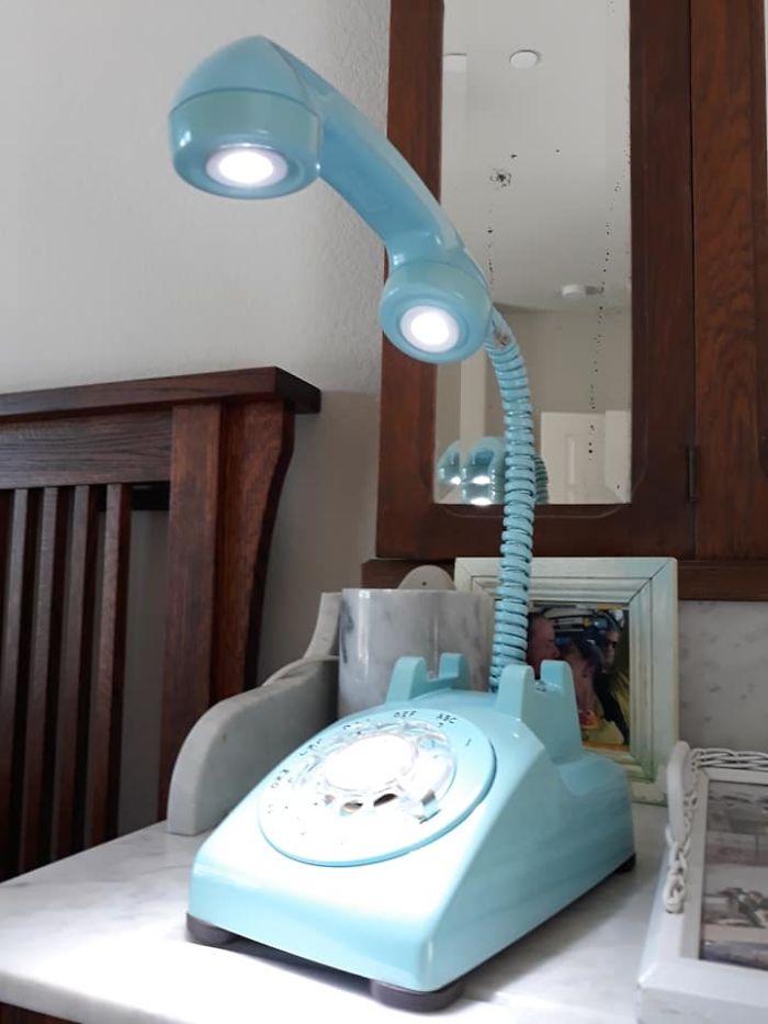 Found A Beautiful Blue Telephone At A Garage Sale Last Month And My Husband Made A Lamp Out Of It For Me. I Love It!!!