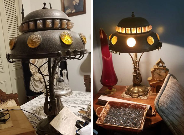 I Inherited This Cool UFO Looking Lamp From My Great Uncle This Past Year. It Doesnt Have Any Maker Markings On It So Its Hard To Look Up How Old It Is. Its Made Entirely Out Of Brass And Glass And Is One Of My Favorite Things Ive Ever Acquired
