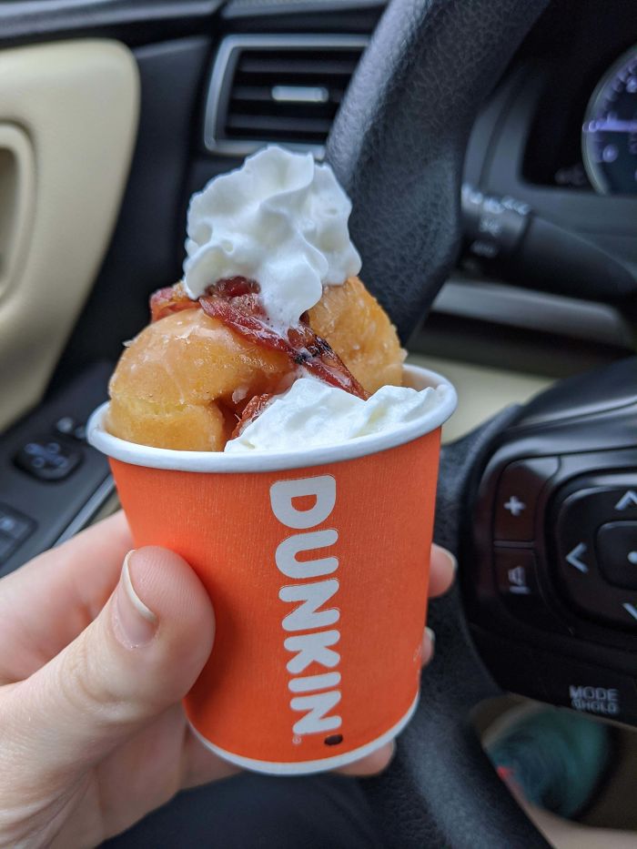 Asked If I Could Buy One Single Munchkin For My Dog's Birthday (Who Loves The Drive-Thru) And They Blessed Her With All This. Glazed Munchkins, Bacon, And Whipped Cream!