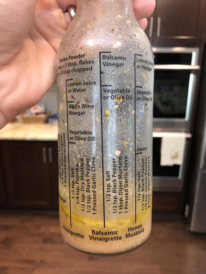 This Reusable Salad Dressing Bottle Shows You How Much Of Each Ingredient To Put In To Make Different Dressings
