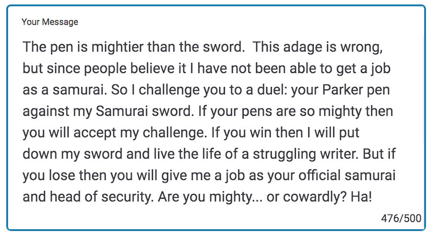 A Samurai Challenged A Pen Company To A Duel, To See If The Pen Is Truly Mightier Than The Sword. The Pen Company Accepted The Challenge!