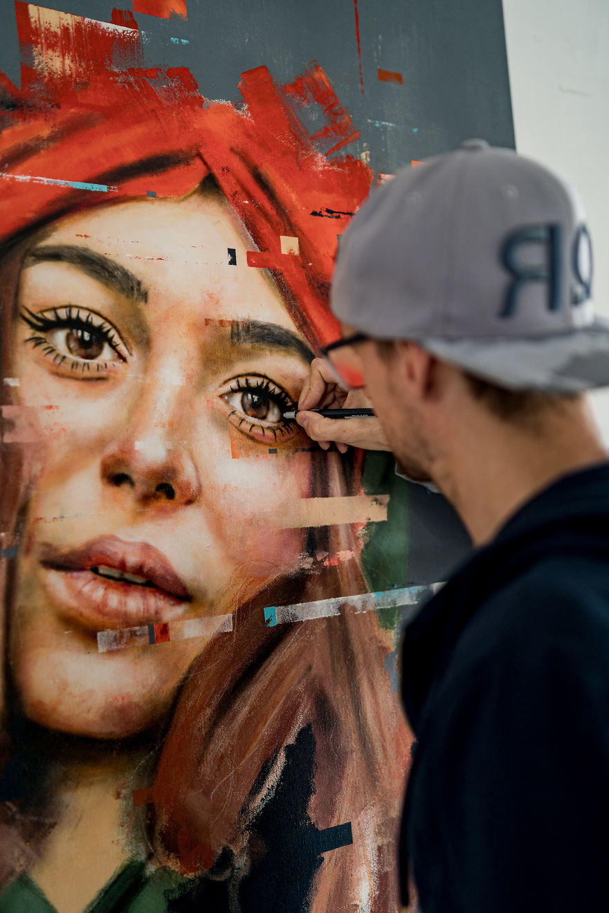 Austrian Artist Combines Realistic Portraits With Digital Aesthetics.