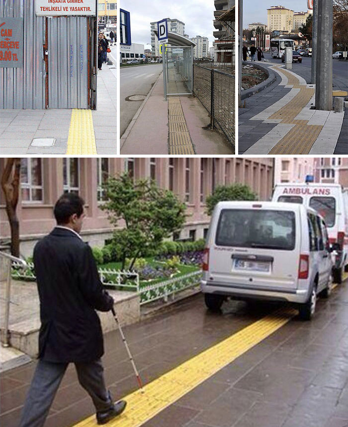 In Turkey, We Have Footpaths With Embossed Yellow Tiles To Help Blind People.