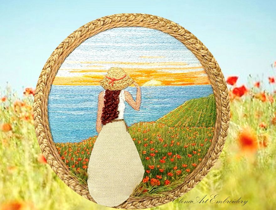 Hand Embroidery Landscape. Girl In Poppies Field. 3D Embroidery Designs