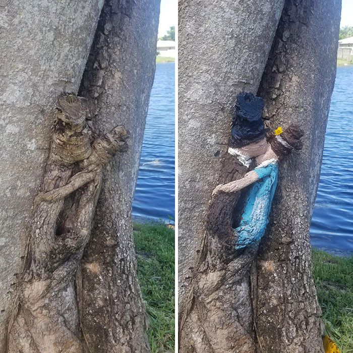 Tengo este nudo en el tronco de un árbol en mi patio trasero que siempre pensé que se parecía a una pareja de la época de la Regencia besándose. Hoy, decidí traerlos a la vida