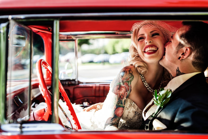 This Blissful Photo Of A Couple In The Front Seat Of Their Getaway Car