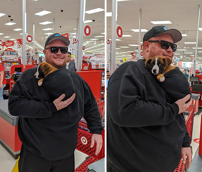 This Gentleman At Target Who Reversed His Hooded Sweatshirt To Make A Puppy Pocket