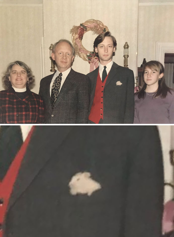 I Post This Old Christmas Photo Because I Just Noticed My Pocket Square Is My Sister’s Hamster