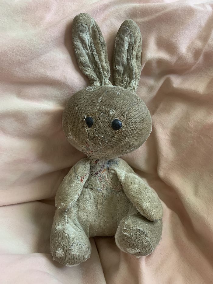 This Is Rabbit. She Was Given To Me The Day I Was Born By My Grandparents, Nanny And Pop. I’ve Have Catched Up With Her For 33 Years. When Rabbit Was Brand New, She Was Pink And Fluffy. Today She Is Threadbare And Has Plenty Of Stitches From Being So Well Loved!