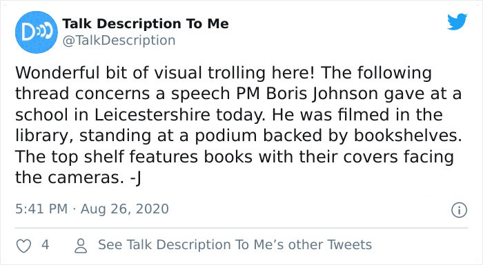 People Notice A Very Specific Book Arrangement Behind Boris Johnson During His Speech, Think The Librarian Did It
