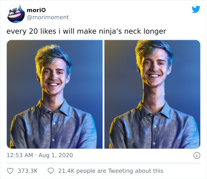Funny Ninja Fortnite Quotes This Twitter User Lengthens Ninja S Neck After Every 20 Likes Posts The Hilarious Result After Receiving 100k Likes Bored Panda