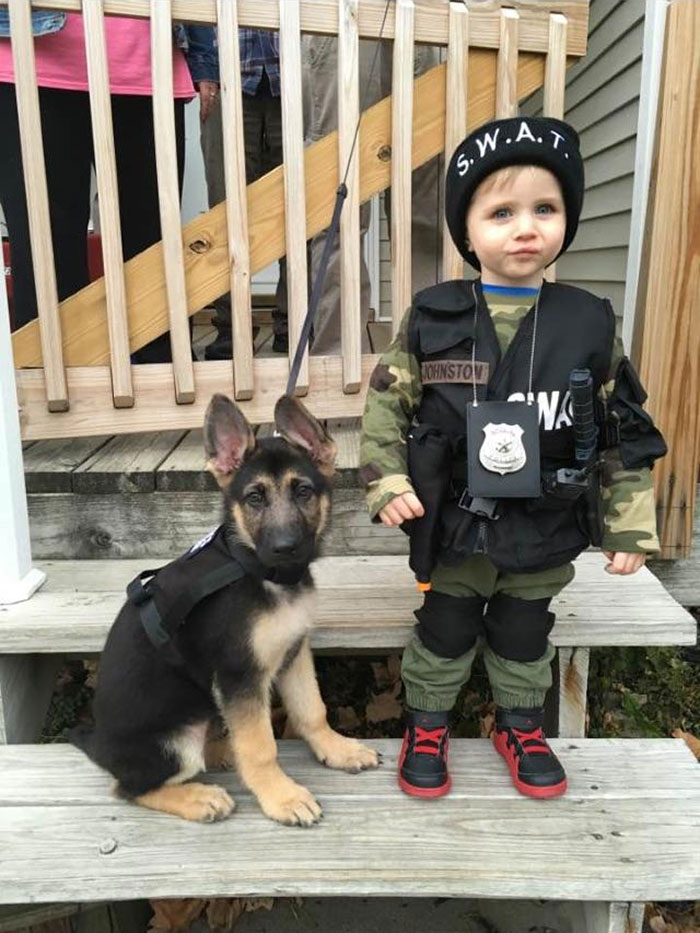 My (At The Time) 2 Year-Old Son With Our 8 Week Old German Shepherd Dressed As Swat Members