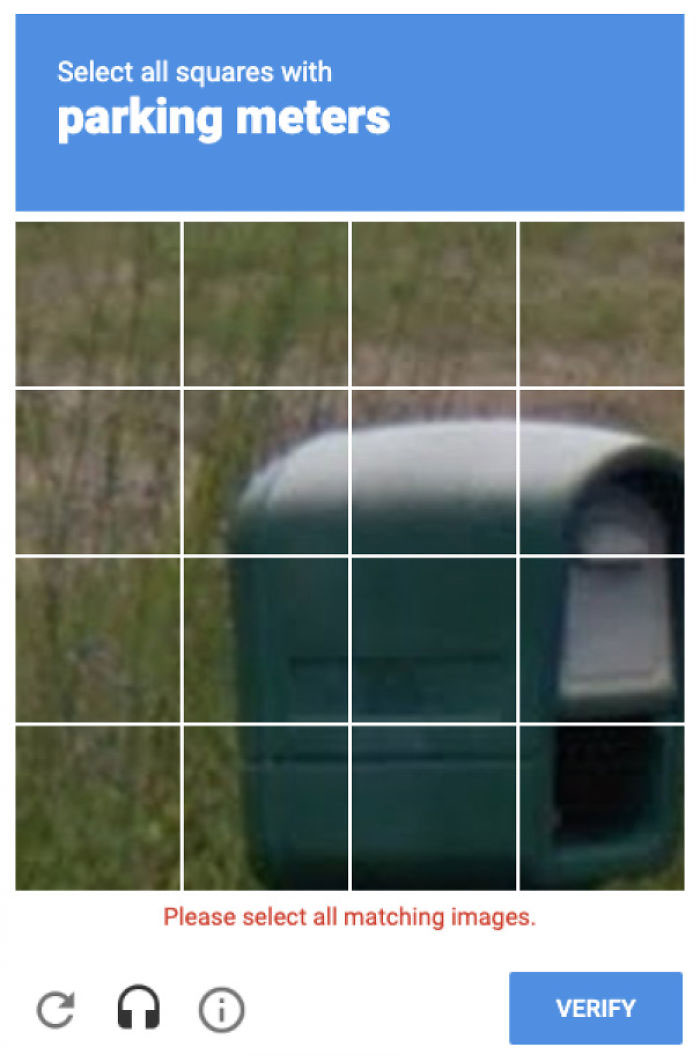 Recaptcha Really Has An Issue With Thinking Mailboxes Are Parking Meters. Also Can't Skip.