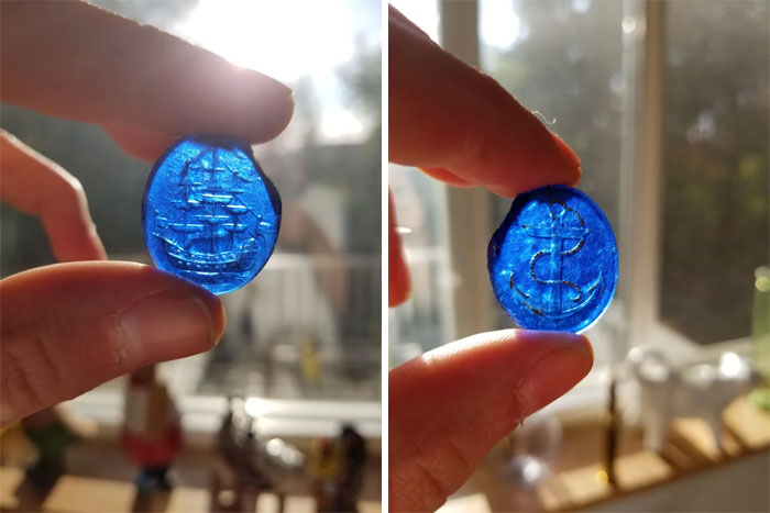 Blue Glass Token Found In A Field In France, Though One Of The Ships Flags Kind Of Looks Like A Union Jack. Game Piece Or History?