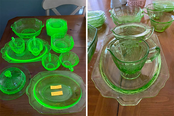  I Saw A Post On Facebook Marketplace Titled “Kitchen Stuff” And I Saw Green Glass In The Background. I Messaged The Seller Asking How Much She Wanted For The Green Dishes And She Said $4 For The Whole Set