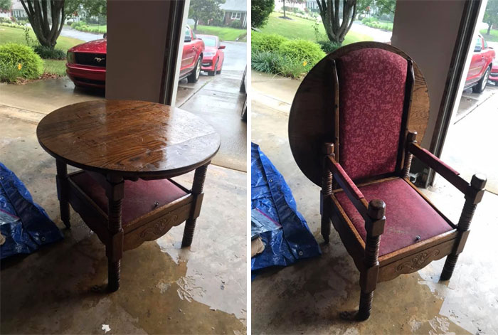 I Pulled Up To A Friends House And Her Neighbor Had This Thrown Out By The Road In The Rain. I Had To Swoop In And Save The Day With This Unique Unicorn Of A Flippy Chair Table