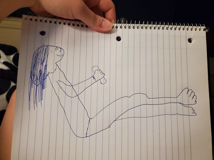 My Husband Said "Stay Still, I'm Gonna Try To Draw You" Then He Showed Me This. I Laughed So Hard I Almost Threw Up. Look At The Feet