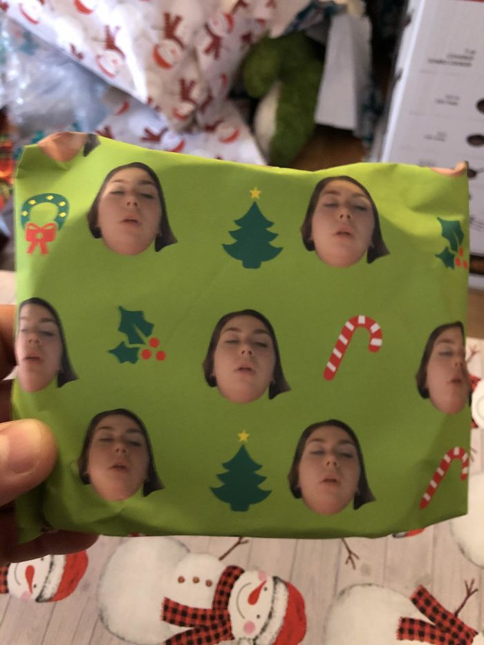 My Brother Snuck A Picture Of His Girlfriend Sleeping And Put It On This Years Wrapping Paper