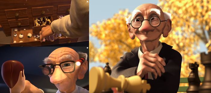 Toy Story 2 - The Toy Cleaner Briefly Opens A Drawer Full Of Chess Pieces, Referencing An Earlier Pixar Short Film "Geri's Game" Starring The Same Character