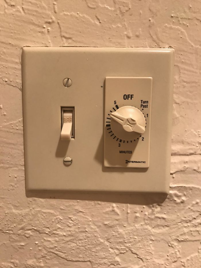 Staying At A Hotel. This Is The Bathroom Switch. The Switch Is For The Fan And The Dial Is For The Light. Quick Showers Or You’re Stuck In The Dark
