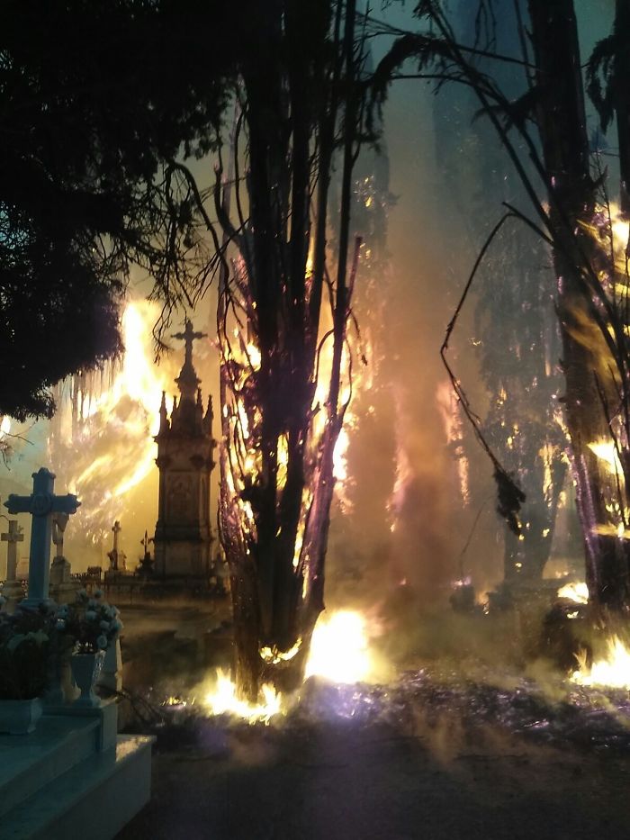 Incendio en un cementerio que parece una película de terror