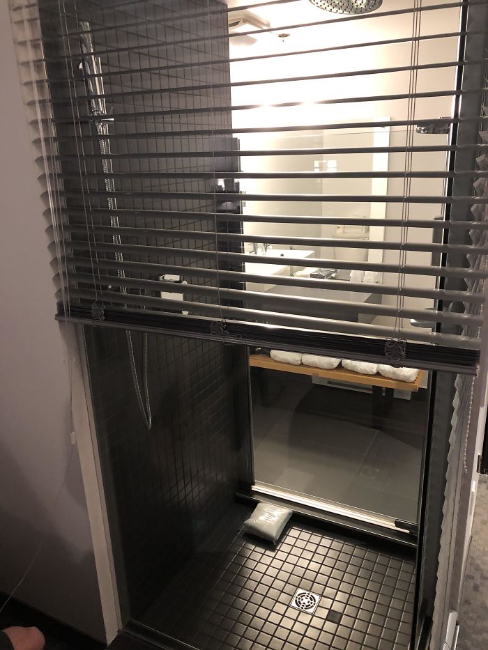 This Blind In My Hotel Room Is The Only Thing Hiding The Shower, And It’s Only Accessible From Outside Of The Bathroom