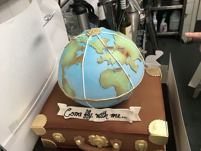 The Cutest Wedding Cake, A Globe With All The Spots They Have Travelled Together, On Top Of A Suitcase #comeflywithme