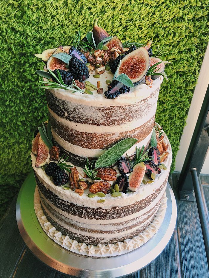 I’m Getting Married Today, And I Made Our Wedding Cake! Layers Of Pumpkin And Apple Spice Cake, Maple Cream Cheese Frosting, Fresh Fruit And Herbs, Candied Spiced Pecans And Pumpkin Seeds. It’s Only Going To Be Shared With Like Four People But I Wanted To Go All Out. Thanks For Looking!