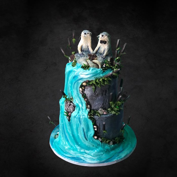Otter Wedding Cake I Made Today. Chocolate Blackberry Flavored. With White Chocolate Otters