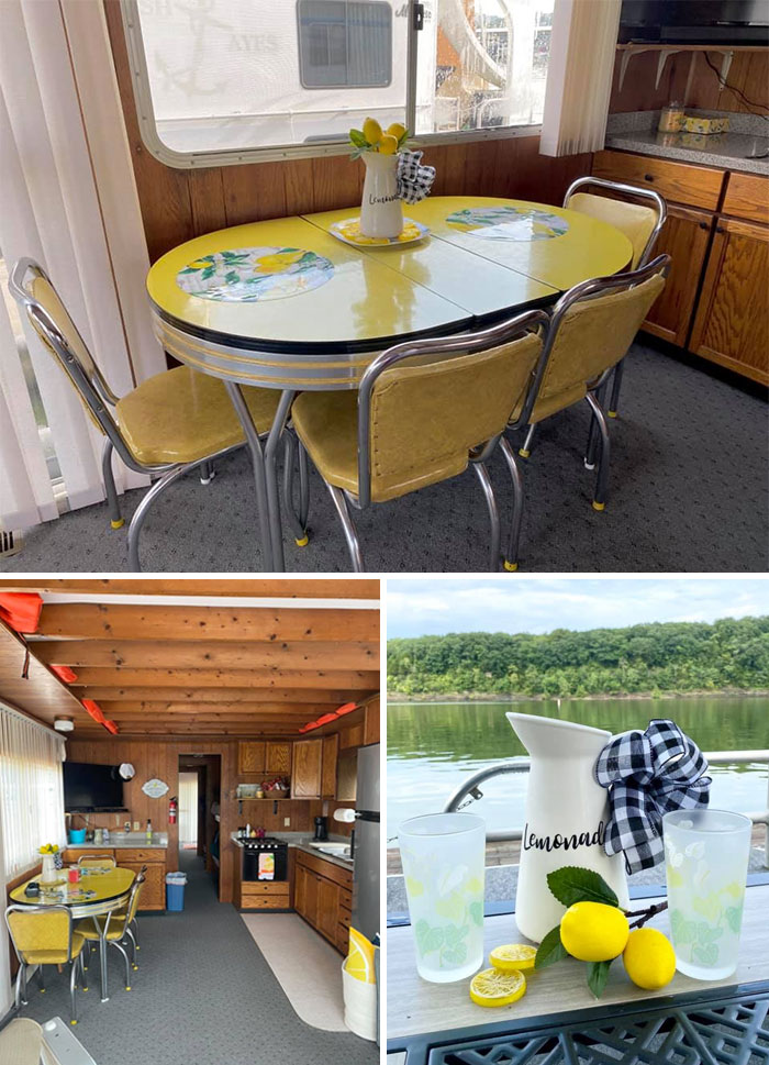 We Purchased A Houseboat And Look What The Previous Owners Left! Perfect Condition Mustard Yellow Retro Dining Set! It Is Now Known As The “Lemonade Table!“ It Makes My Day Extra Sunshiny!