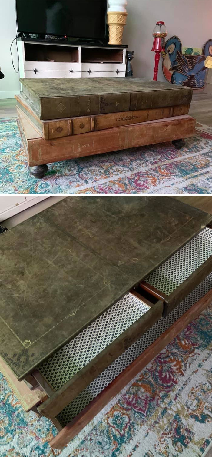 Found This Really Cool Giant Book Coffee Table On Facebook Marketplace Yesterday. The “Spines” Open As Drawers. Each Book Is Actually Leather Bound