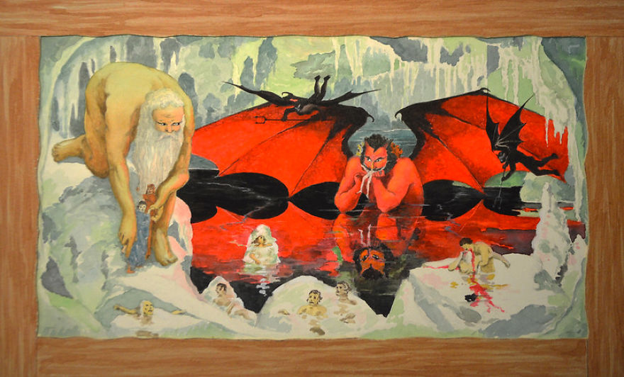 Unknown Artist, American, Watercolor Depicting "9th Circle Treachery" Of Dante's Inferno, Circa 1940s