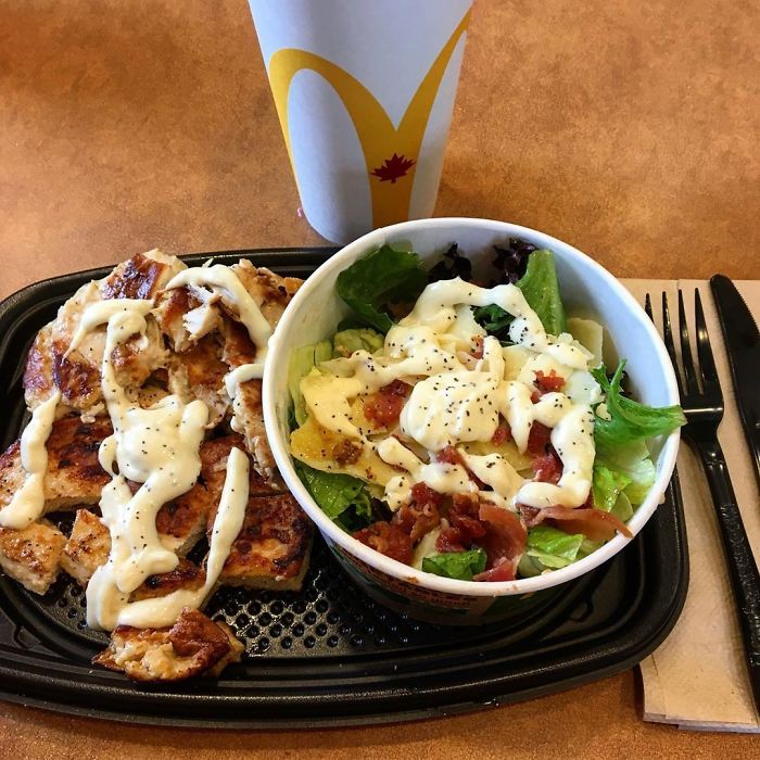 Side Caesar With 2 Grilled Chicken Breasts. I Order On The Touch Screen Menu And Customize The Side Caesar. Comes Out To $8