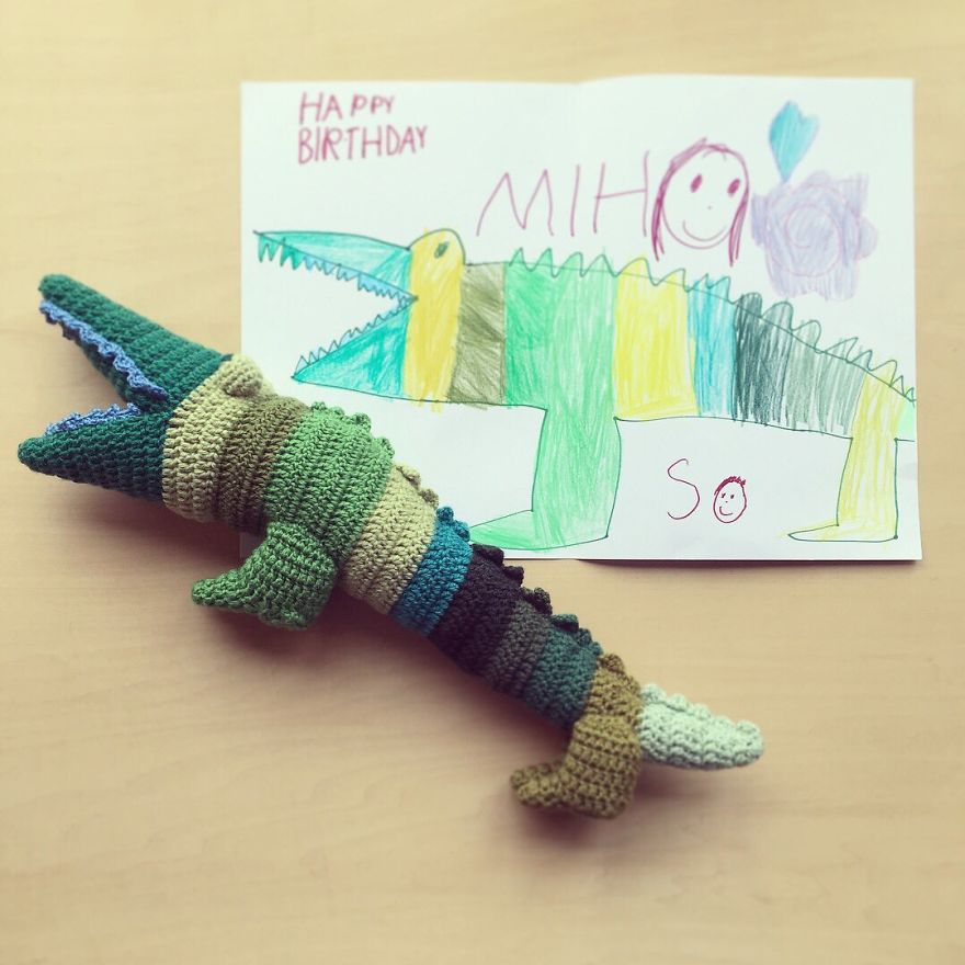 Her Nephew Drew A Crocodile, She Surprised Him With A Crochet Replica For His Birthday!