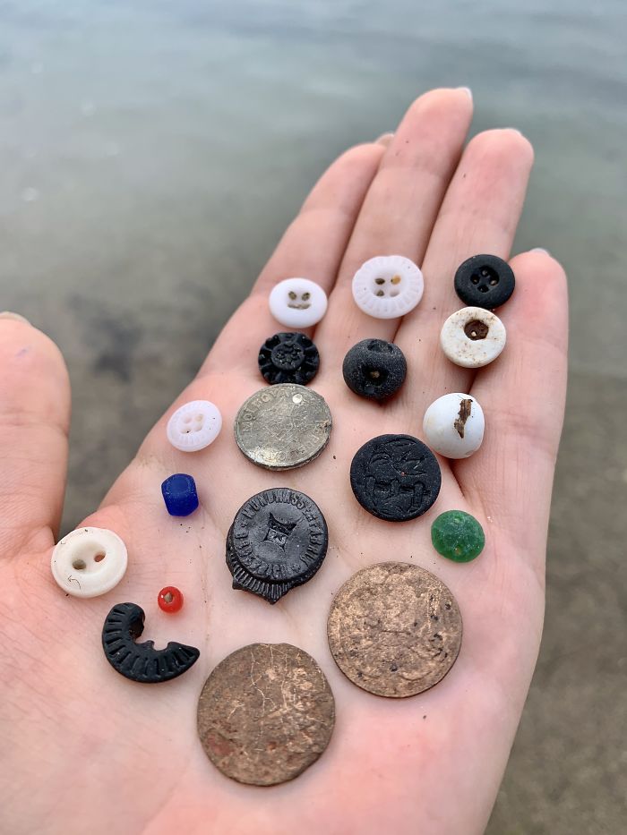Old Coins, Glass Buttons, Glass Beads And A Seal Stamp Plomb