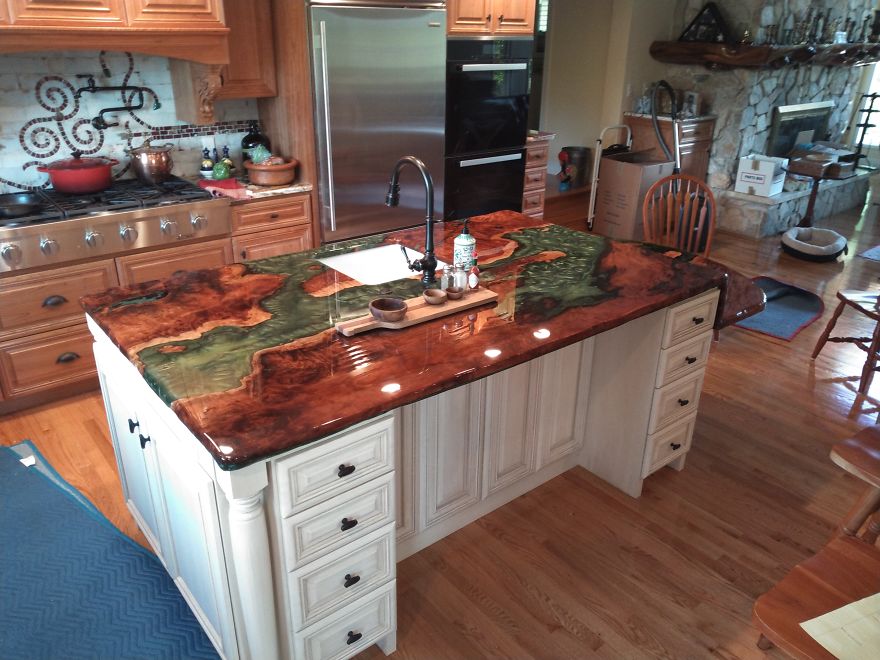 DIY Redwood Burl Waterfall Kitchen Island