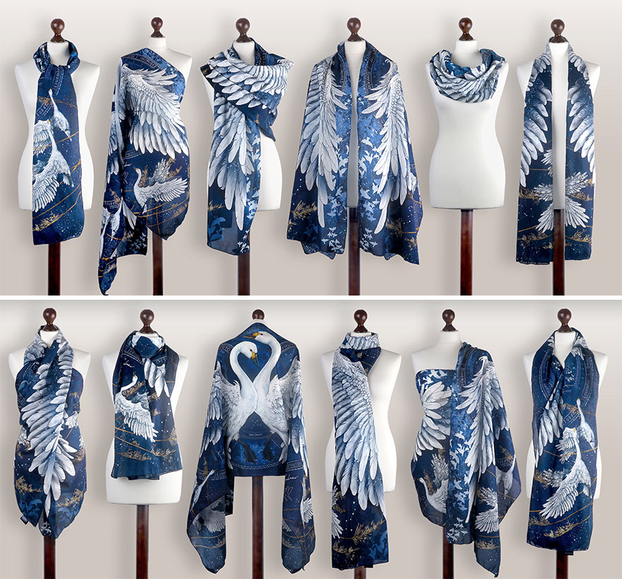 I Create Wearable Artistic Scarfs Inspired By Owls, Ravens, Swans, And Other Majestic Birds (30 Pics)