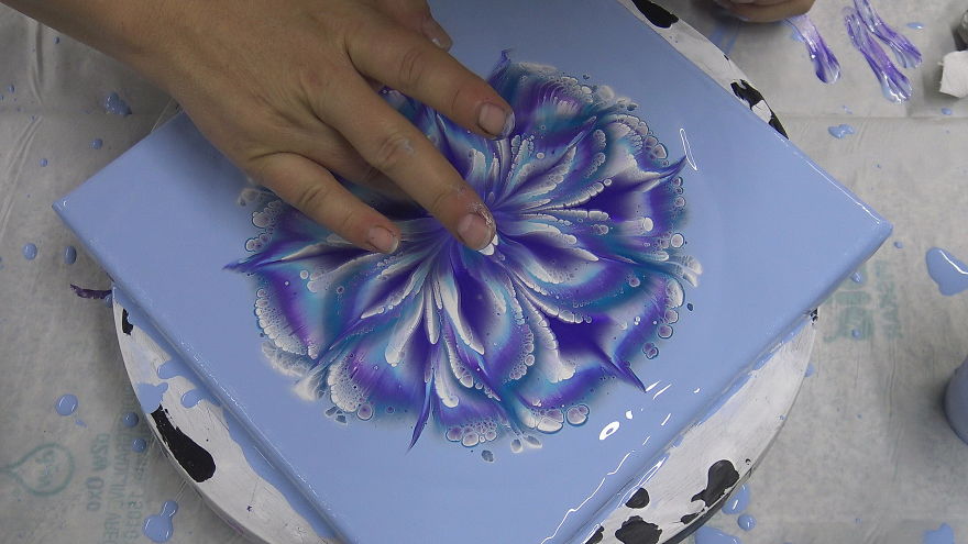 Violet ~ Acrylic Pour Flower Painting ~ Cup Bottom Reverse Flower Dip