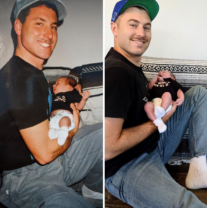 Mi padre sosteniéndome de bebé, vs yo con mi hijo recién nacido