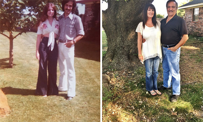 Mis padres junto a su árbol en 1975 y en 2016