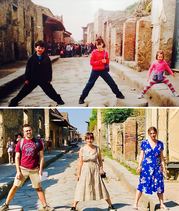 Today, My Sisters And I Recreated A Photo In The Same Spot In Pompeii - 15 Years Apart