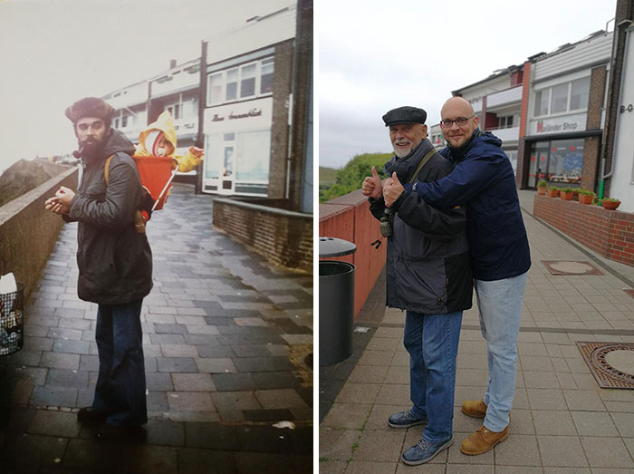 Mi padre y yo en el mismo sitio en Heligoland, 1977 y 2018