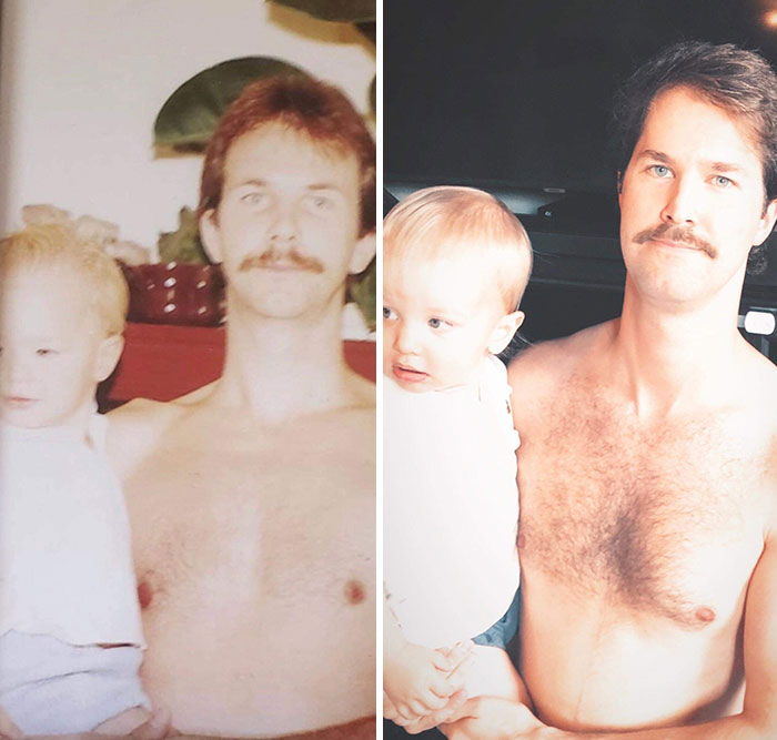 Mi padre sosteniéndome en 1987 y yo sosteniendo a mi hijo en 2020