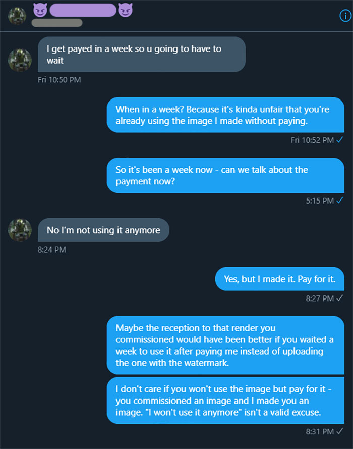 Guy Tells An Artist He Will Pay For A Thumbnail Design For His Youtube Vids, Then Refuses To Pay Because He’s Not Using The Image Anymore, After Using It For Over A Week