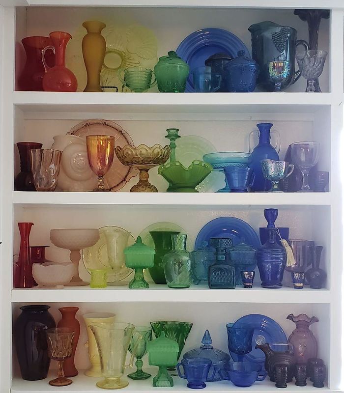 I've Collected These Pieces From Various Thrift Shops, Antique Stores, And Yard Sales Over The Years. Some Are True Depression Glass From The 30s And Some Are Mid-Century. It Makes Me Happy Every Time I Look At This Bookcase