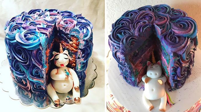 Pic Given To Local Baker On The Left. Actual Hungry Unicorn Cake I Received On The Right. I Like My Cake Better
