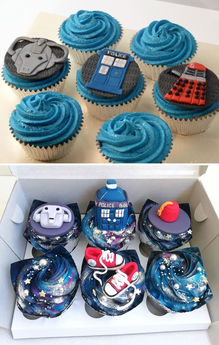 Cupcakes de Dr. Who. Le envié a una pastelera la 1ª foto sin esperar mucho (avisé con poco tiempo) pero casi lloro cuando me llegó el pedido