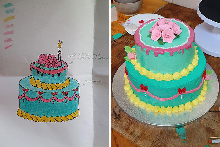 My Girlfriend's And Mine First Attempt At Making A Cake From Scratch. Sketch vs. The The Final Product