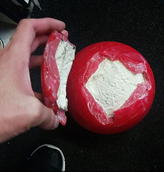 Bowling Ball Broke At Work. It Looks Like A Forbidden Babybel Cheese