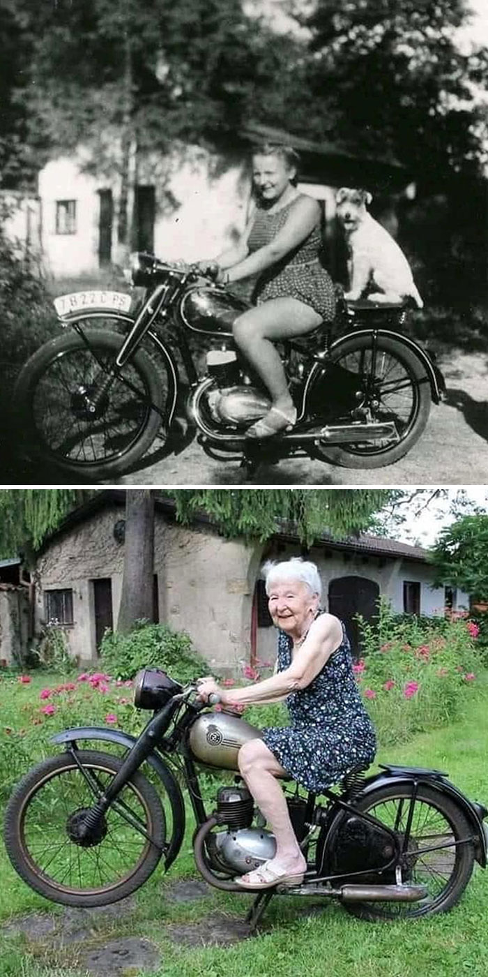 Misma chica, moto y lugar. 71 años de diferencia